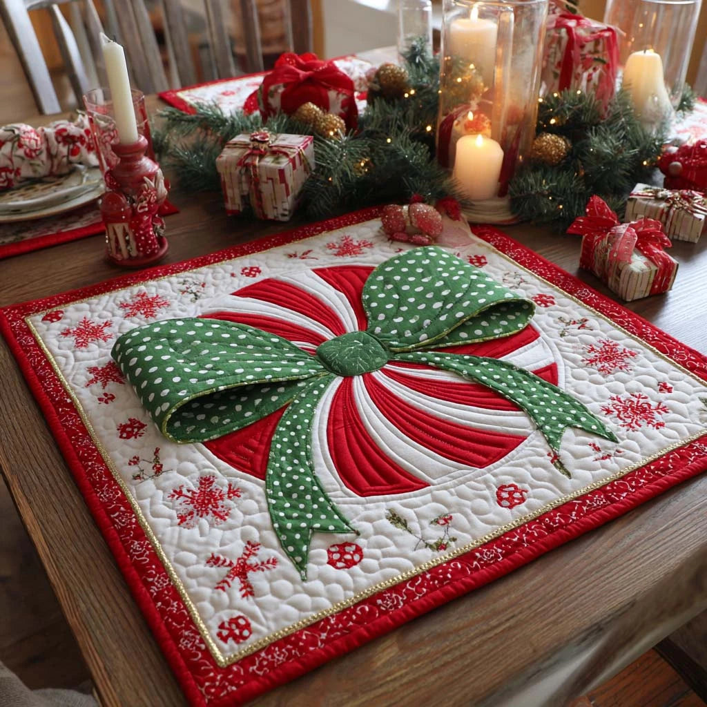 Winter Polka Bow Quilted Table Topper