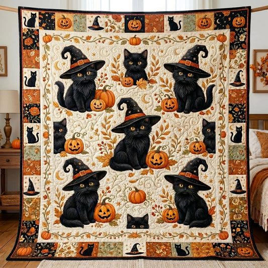 Witchy Pumpkin Kittens Quilt Blanket