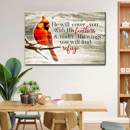 he will cover you with his feathers psalm 91 4 cardinal bird wall art canvas (Landscape) (view 5)