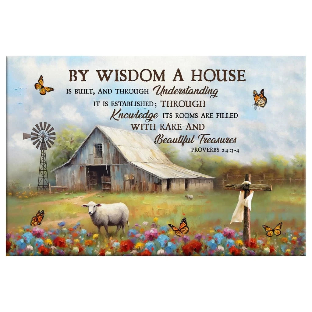 proverbs 24 3 4 by wisdom a house is built canvas old barn sheep christian wall art (Landscape) (view 4)