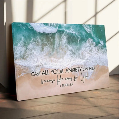 cast all your anxiety on him 1 peter 5 7 ocean waves wall art canvas (Landscape) (view 4)