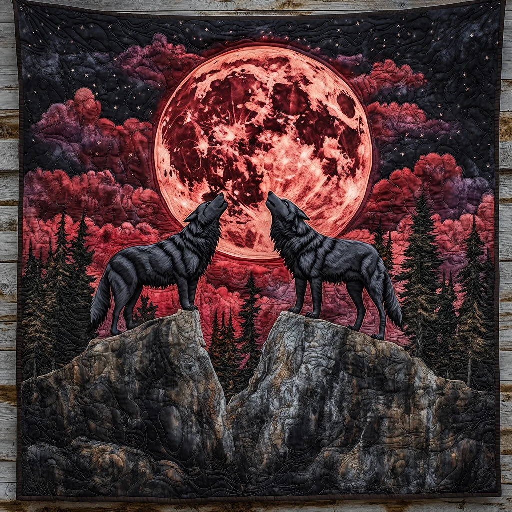 Wolves Under Blood Moon Quilt Blanket