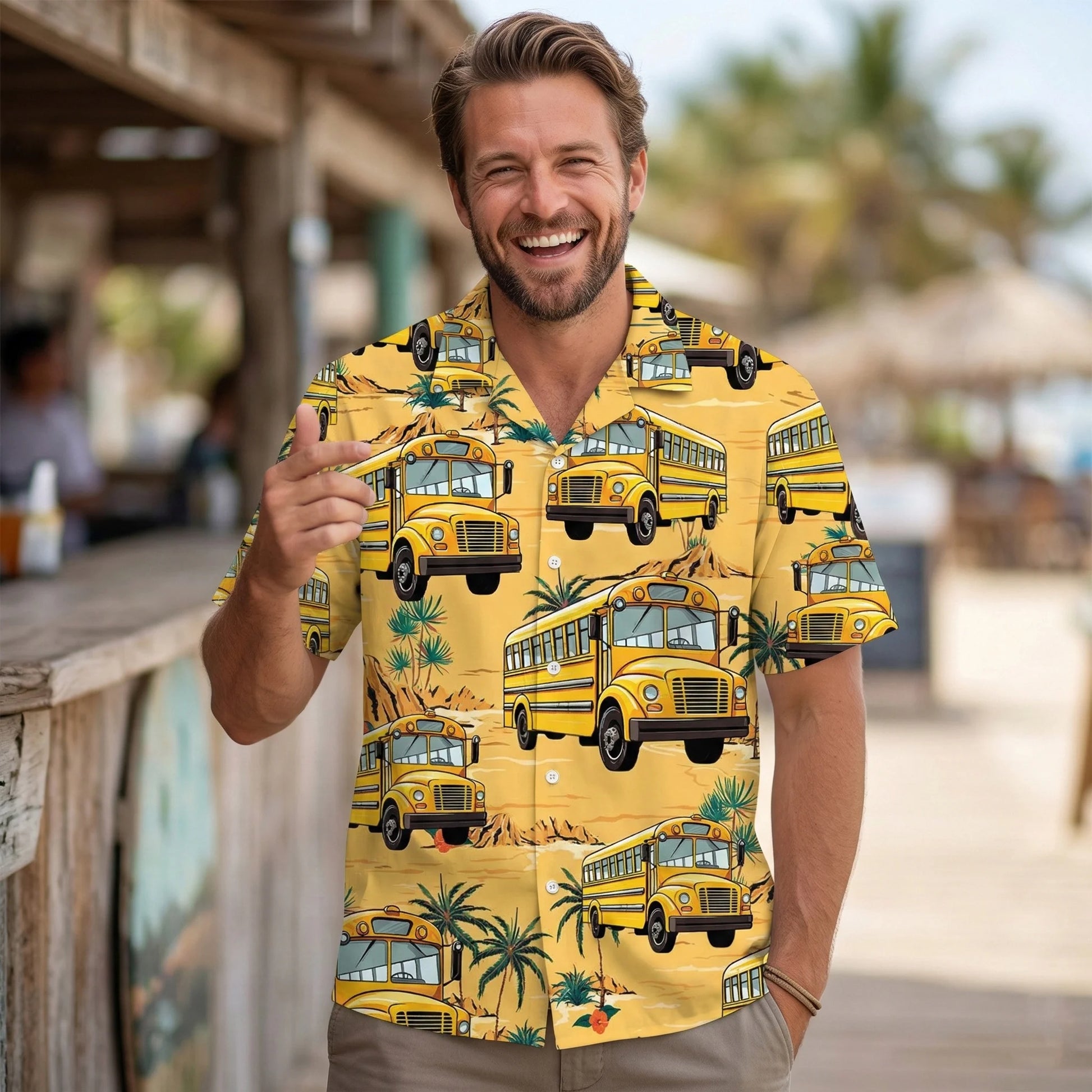 Yellow Tropical School Bus Hawaiian Shirt, custom shirt gift for men (view 5)