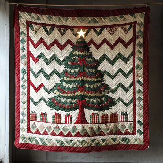 Zigzag Chevron Christmas Tree And Giftboxes Quilt Blanket